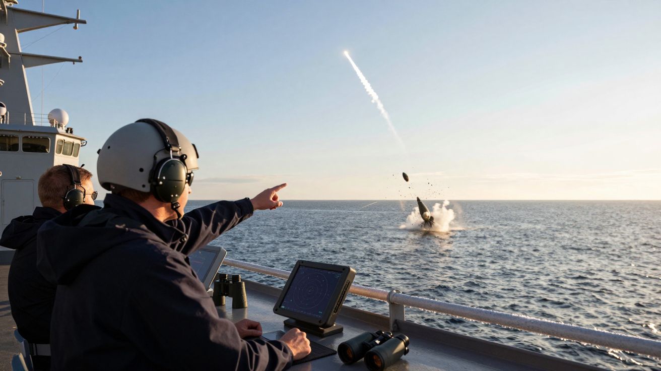 Militar observa lançamento de míssil a partir de um navio no mar, com tablet e binóculos na mesa à frente.