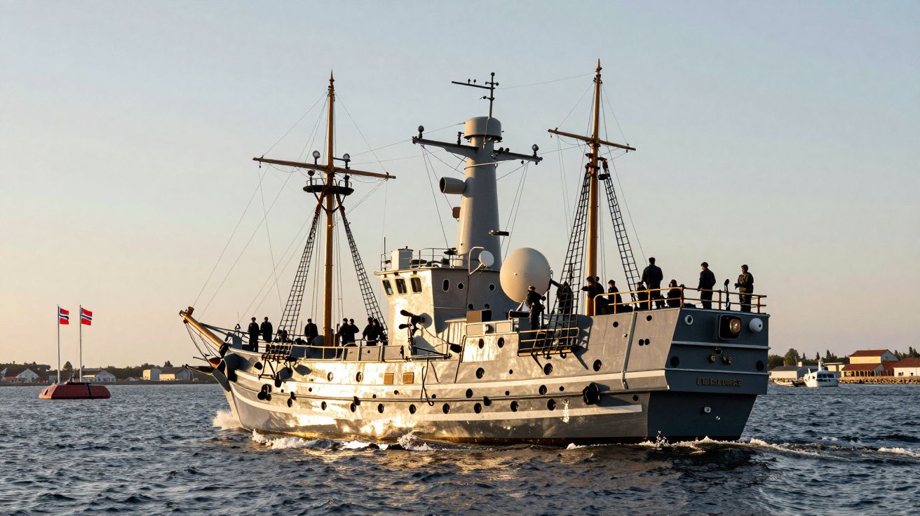 Navio antigo navegando em mar aberto ao pôr do sol, com bandeiras norueguesas ao fundo e tripulação a bordo.