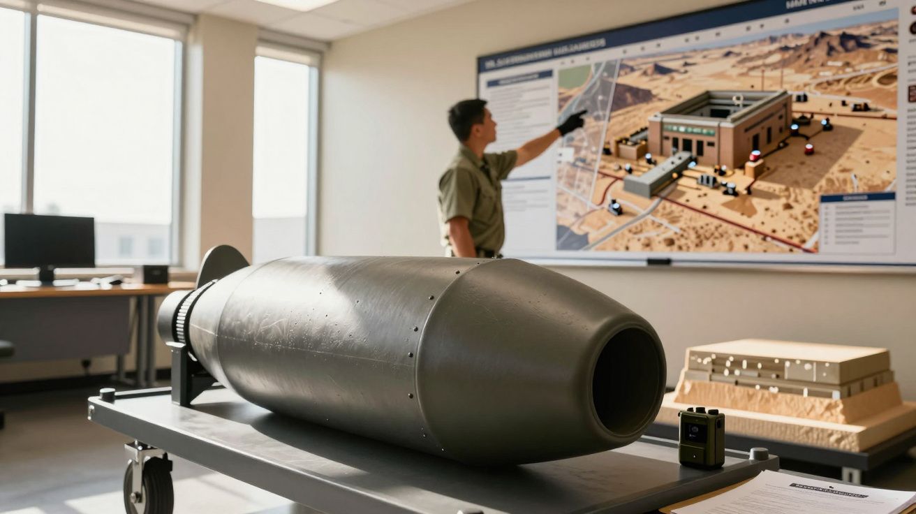 Homem apontando para quadro com mapa, ao fundo; na frente, um grande objeto cilíndrico em cima de uma mesa.