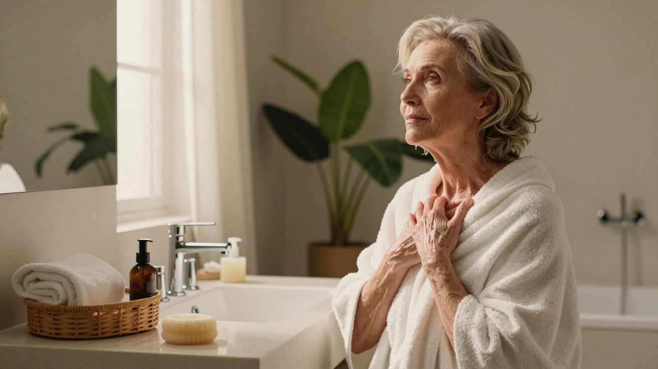 Mulher idosa em roupão branco olha-se ao espelho numa casa de banho com plantas ao fundo e produtos numa bancada.