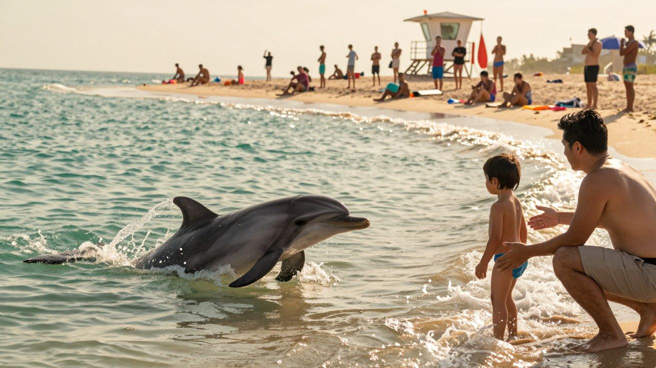 Homem e criança observam golfinho perto da costa numa praia, com pessoas ao fundo e uma torre de vigilância.