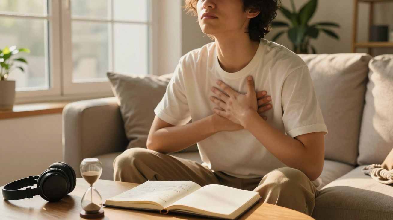 Pessoa sentada numa sala de estar, com as mãos no peito, ao lado de um livro aberto, fones e ampulheta sobre a mesa.