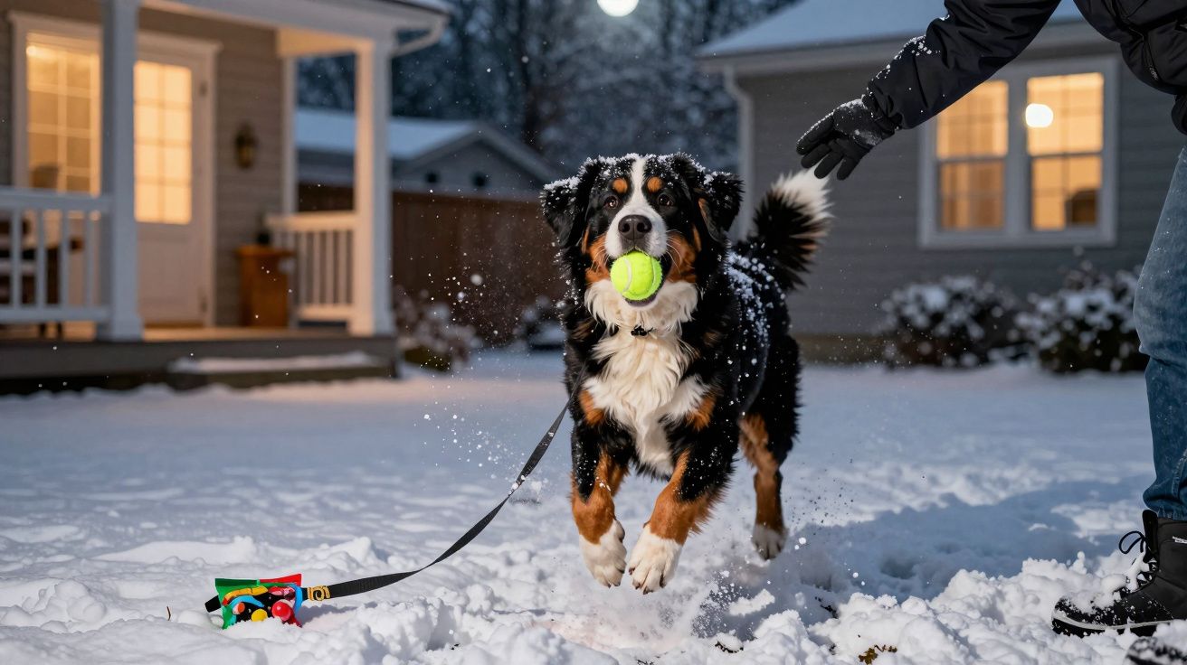 Cão grande brinca na neve com bola de ténis na boca, à noite, em frente a uma casa iluminada.