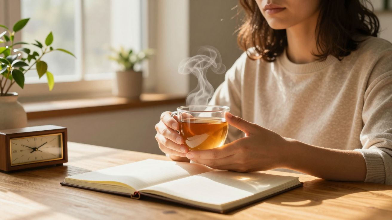 Mulher segura chá quente ao lado de um caderno aberto, numa mesa de madeira.