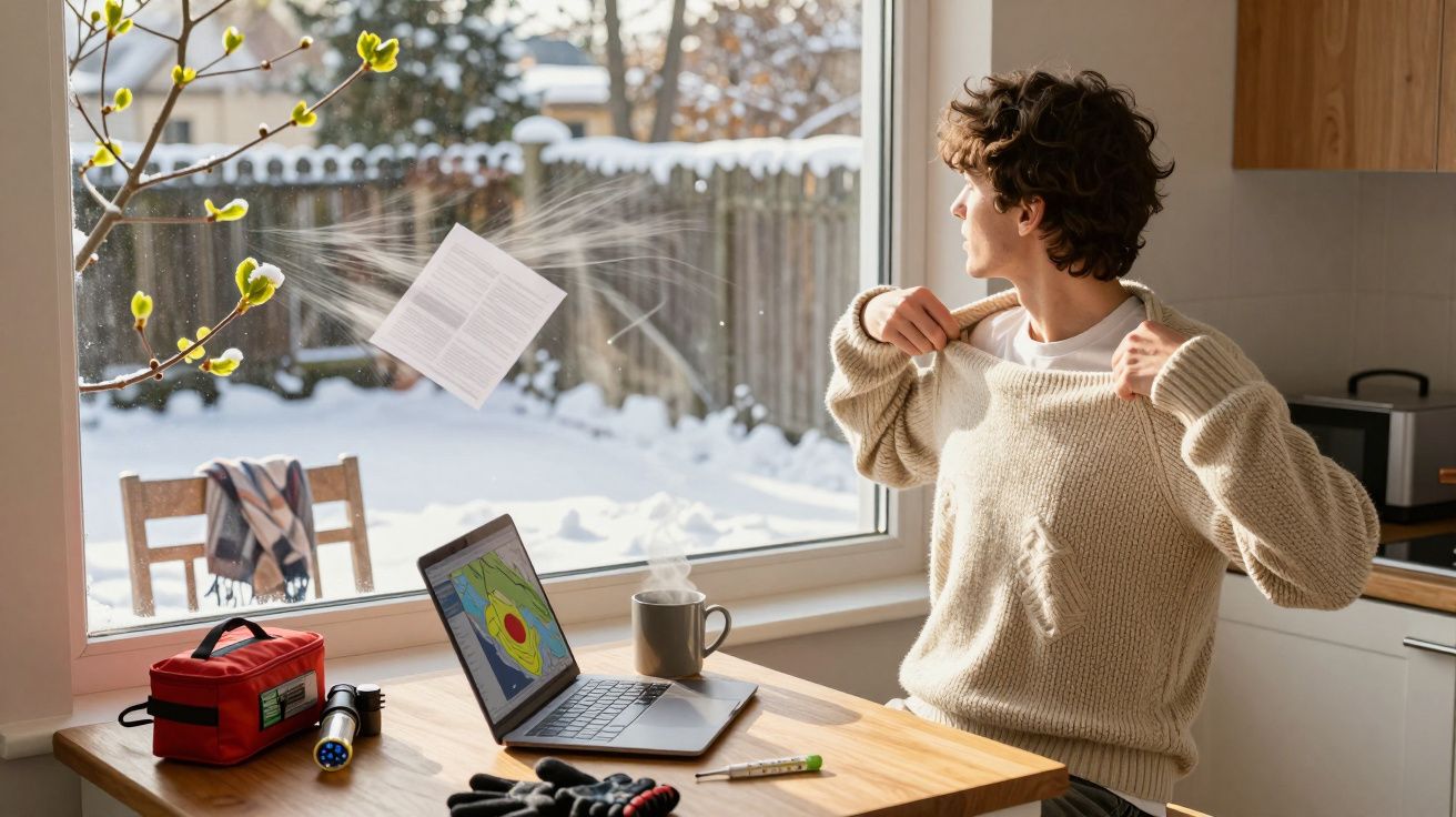 Pessoa com suéter olhando pela janela em direção à neve, mesa com laptop, chávena e kit de emergência.