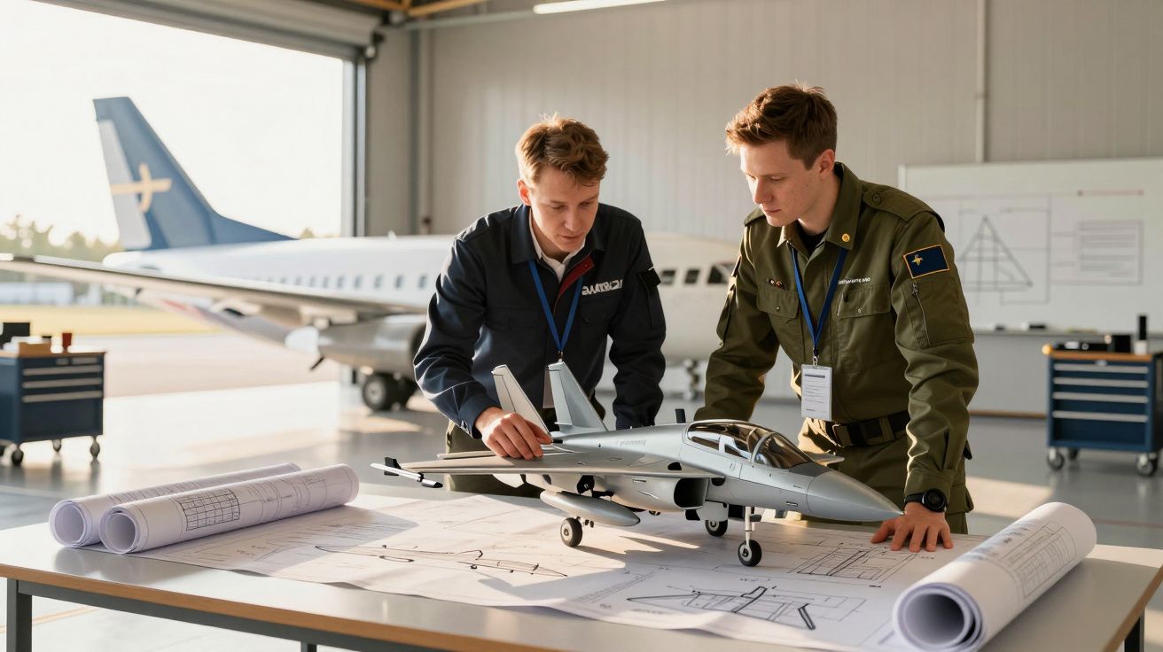 Dois homens analisam modelo de avião sobre mesa de projetos em hangar com avião real ao fundo.
