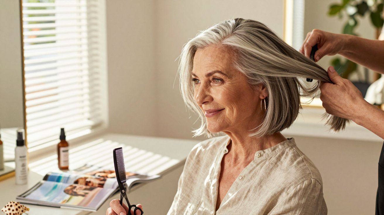 Mulher sorridente de cabelo grisalho num salão de cabeleireiro, enquanto as mãos do cabeleireiro ajustam o seu cabelo.