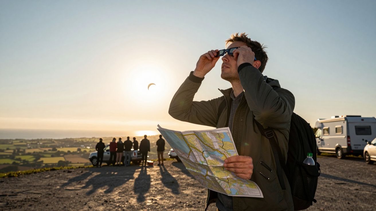 Homem com óculos de proteção observa eclipse solar, segurando mapa. Pessoas e caravanas ao fundo, sol no horizonte.