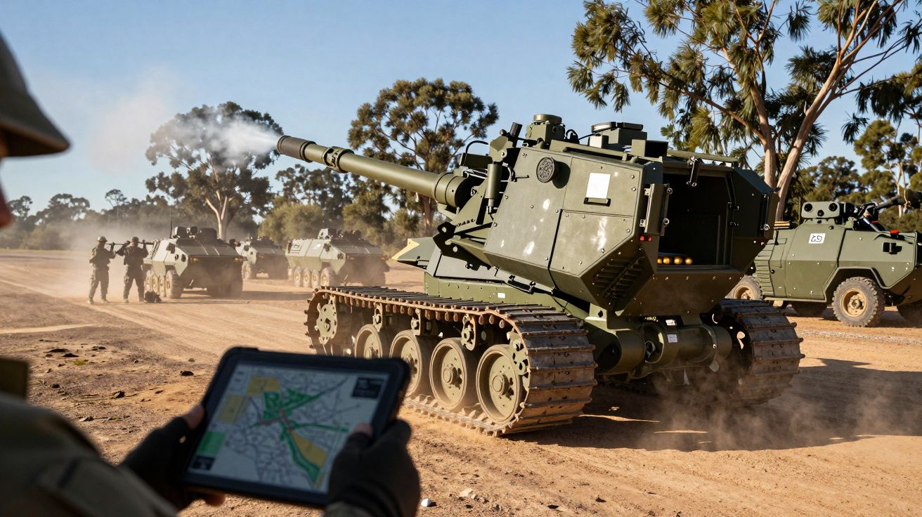 Tanques militares num exercício, um disparando com fumo, tablet com mapa em primeiro plano, árvores ao fundo.