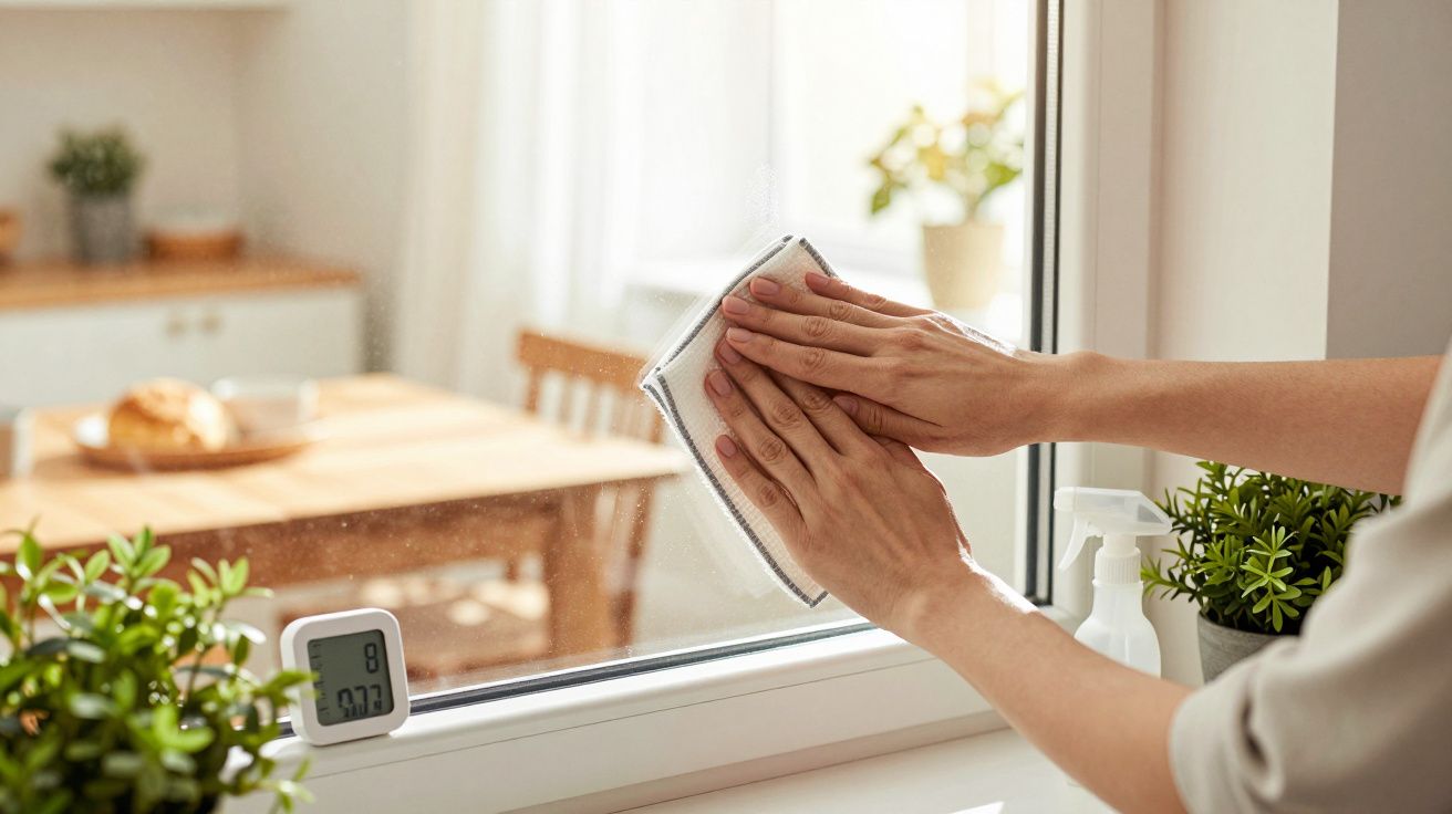 Pessoa a limpar janela com pano, rodeada por plantas e termómetro na bancada, cozinha ao fundo com mesa e pão.