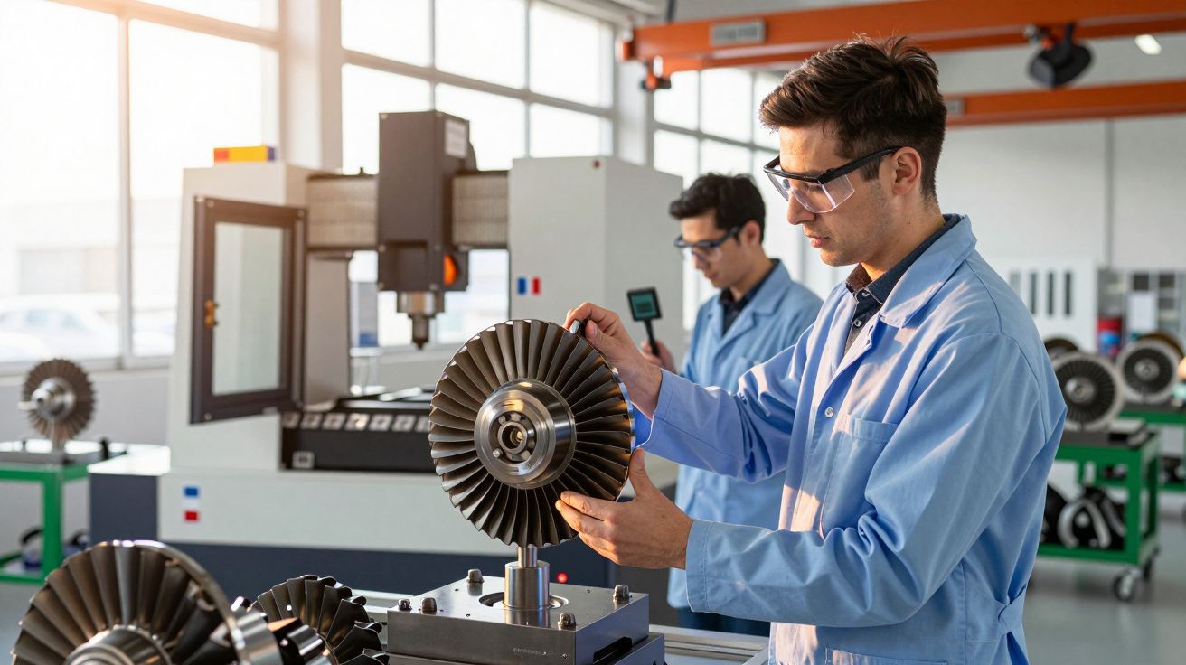 Dois homens de jaleco azul analisam componentes mecânicos numa fábrica iluminada.