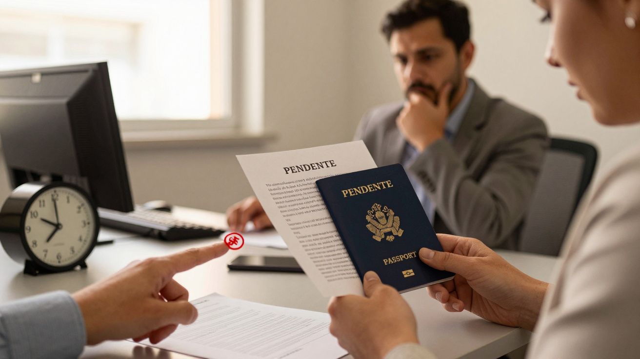 Pessoa segura passaporte e documento "Pendente" em frente a homem de fato em escritório, com relógio na mesa.