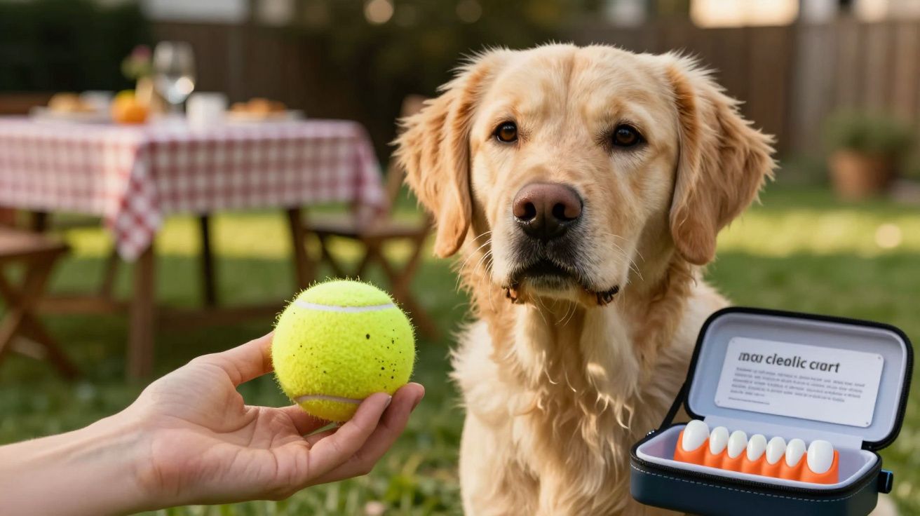 Cão labrador olha para uma bola de ténis amarela, com mesa de piquenique ao fundo e caixa de bolas de ténis à direita.