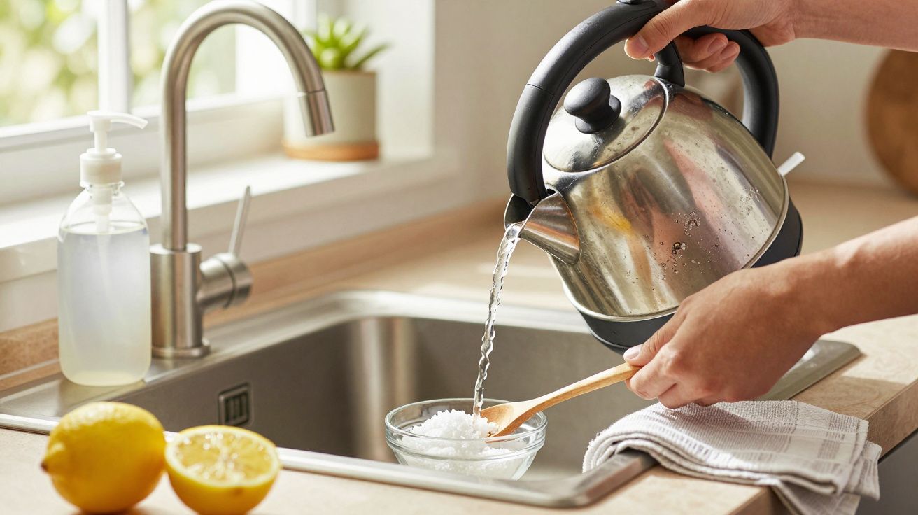 Mãos derramam água de chaleira sobre tigela em lava-loiça, com limões e sabão ao lado.