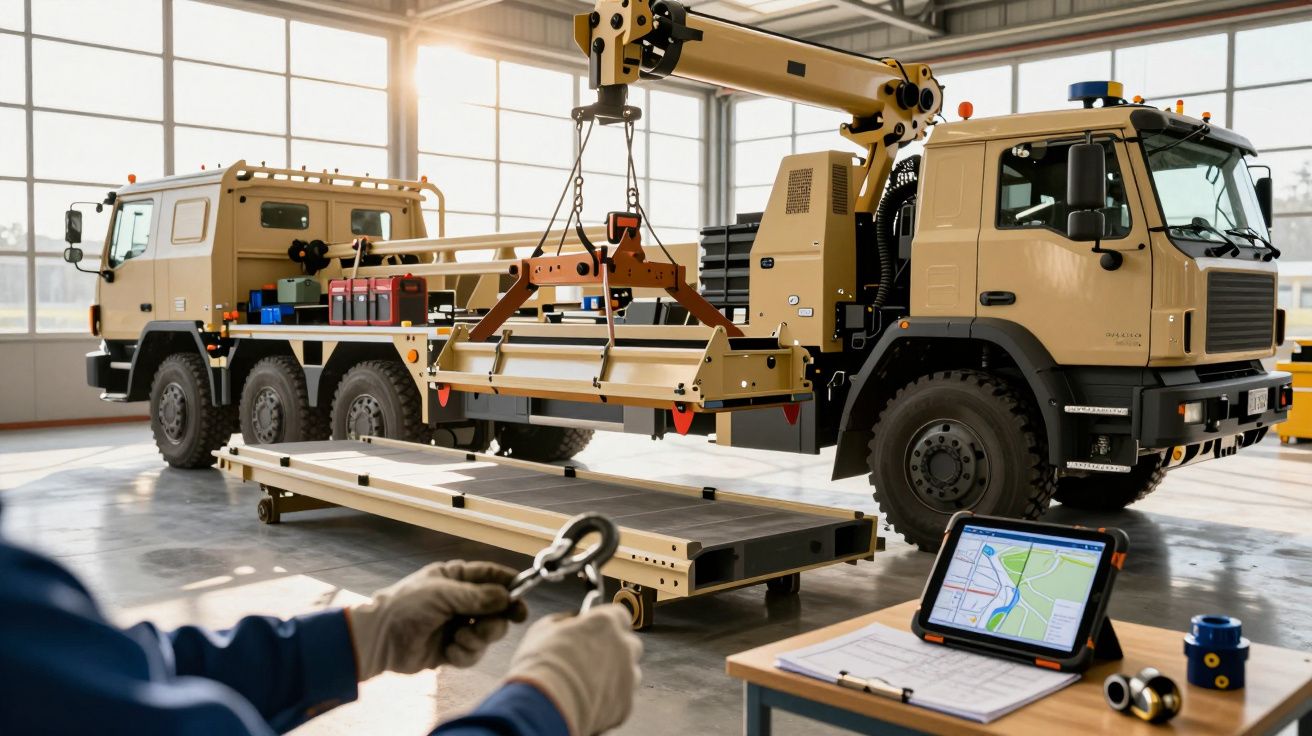 Camião militar com grua ergue plataforma num armazém; tablet sobre mesa com mapa visível; mãos com ganchos em primeiro plano.