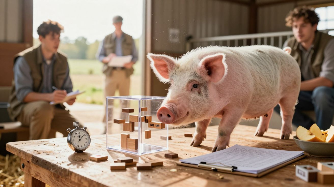 Porco interage com caixa transparente em mesa de madeira enquanto pessoas observam ao fundo, com cronómetro e notas.