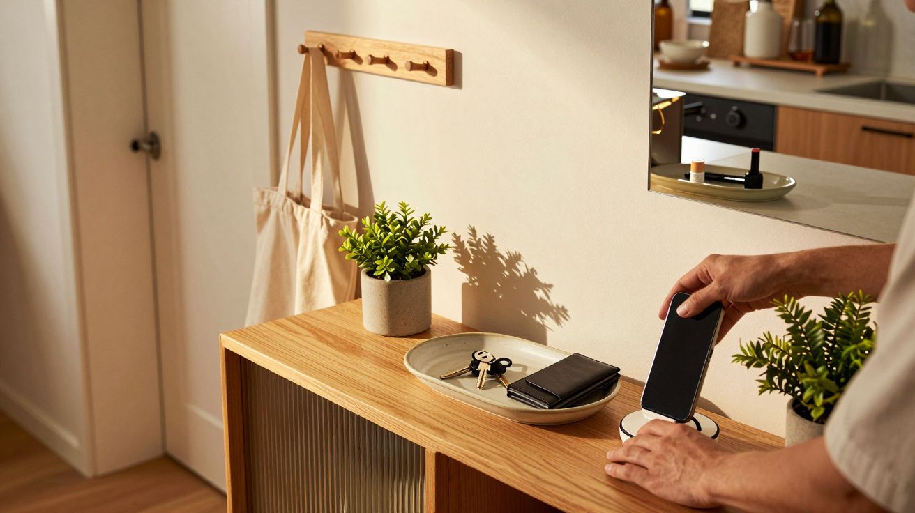 Mãos colocam telemóvel a carregar numa mesa com plantas, chaves e carteira num ambiente de entrada acolhedor.