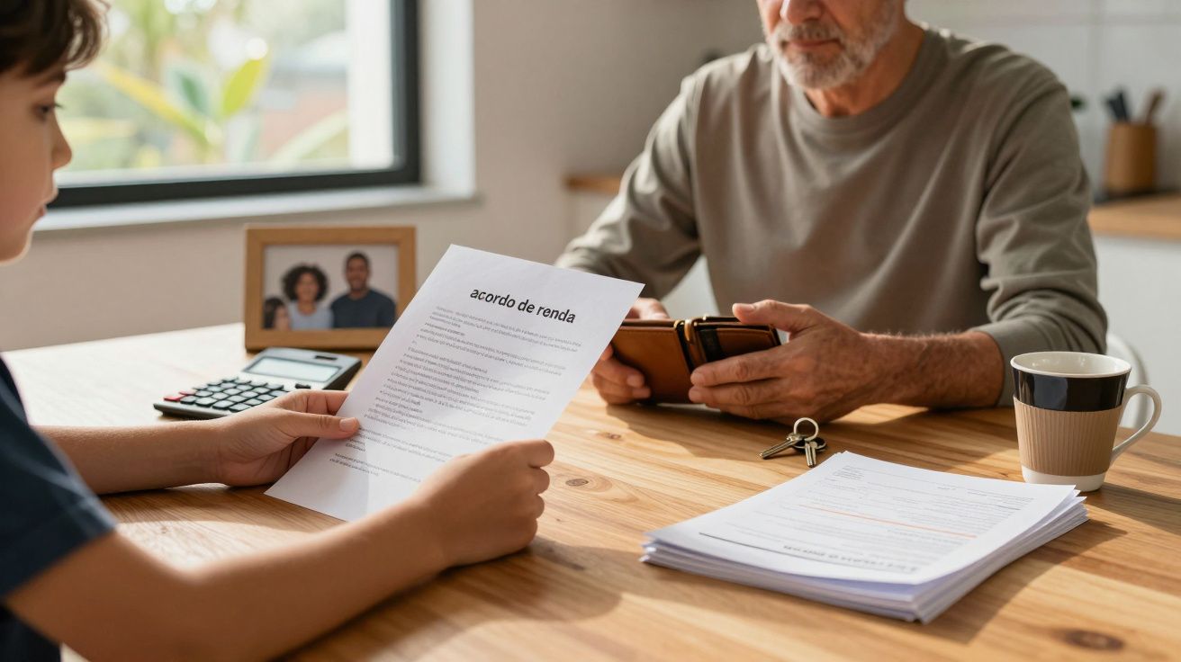 Pessoa segurando um documento de "acordo de renda" à mesa com outra pessoa usando um telemóvel, café e documentos.