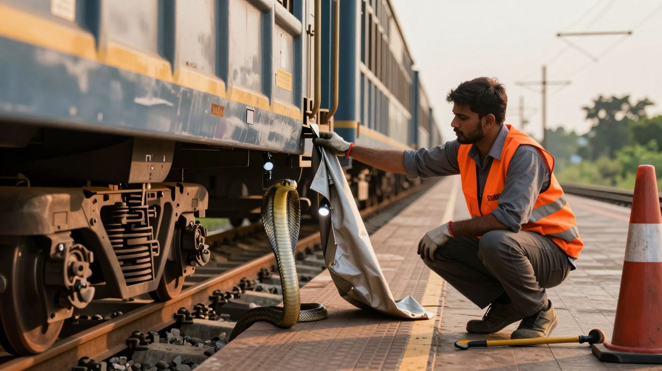 Funcionário ferroviário afasta cobra de um vagão de comboio utilizando um pano, numa estação ao ar livre.