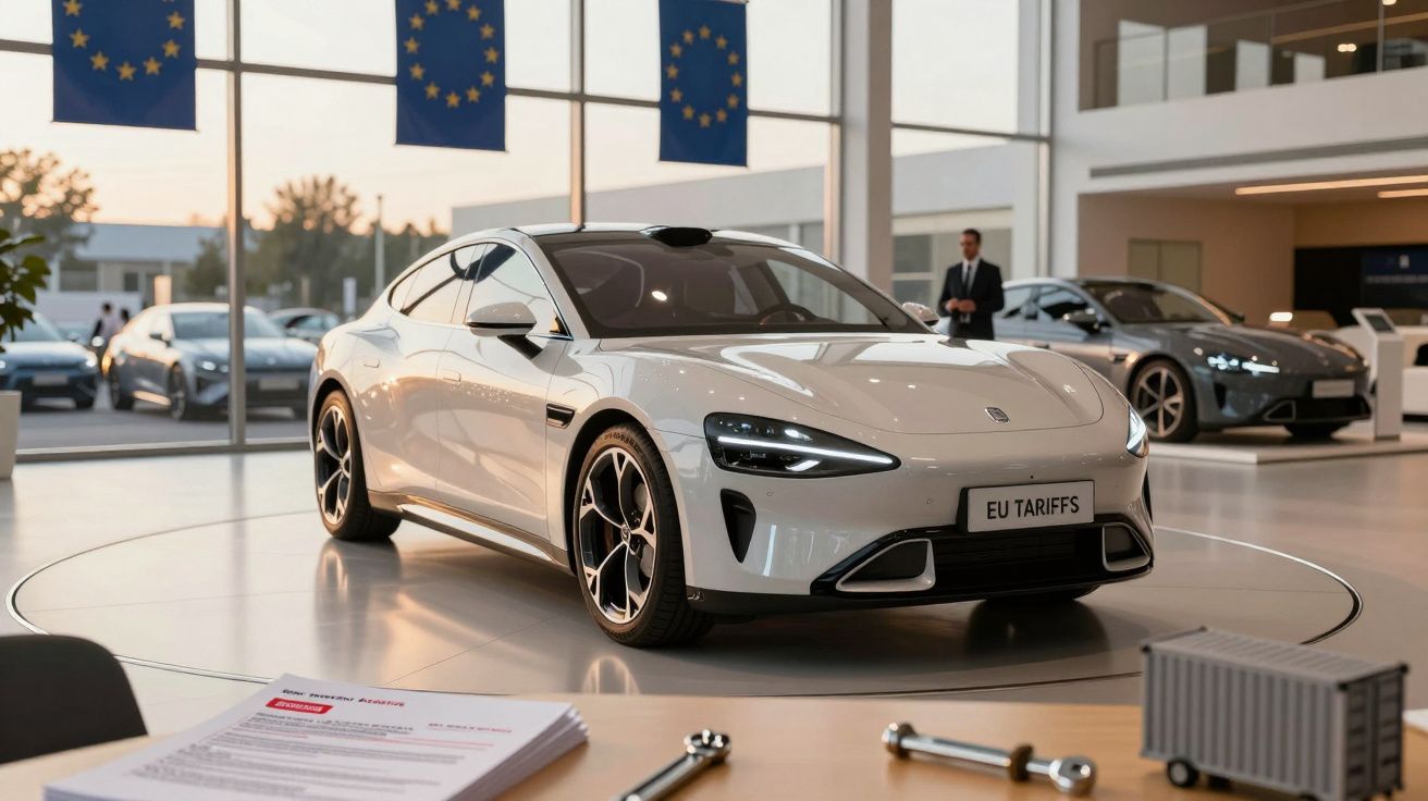 Carro elétrico branco em exposição num showroom moderno, com bandeiras da União Europeia ao fundo.