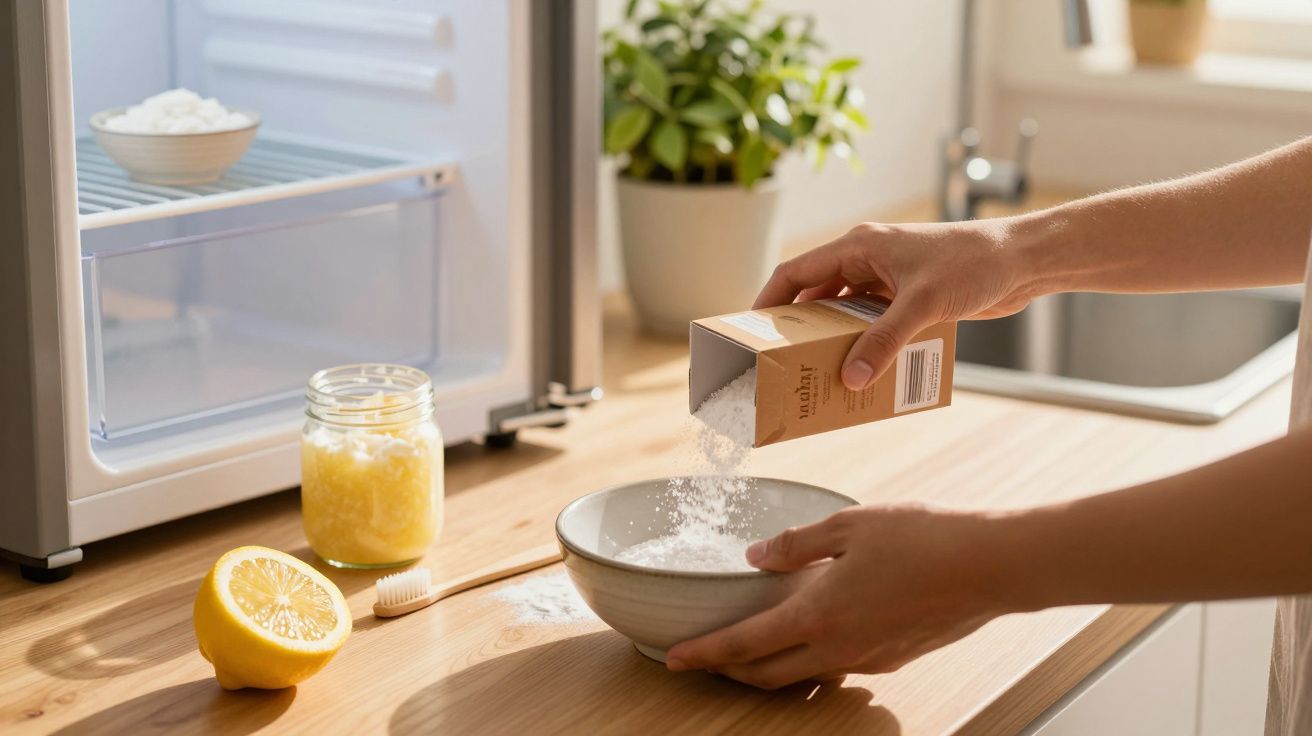 Pessoa a despejar bicarbonato de sódio numa taça na cozinha, perto de um limão cortado e um mini frigorífico.