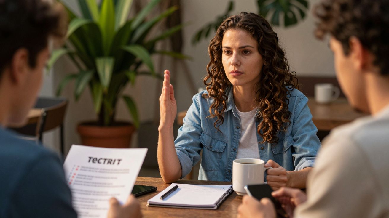 Mulher a conversar numa reunião, segurando uma caneca, com um bloco de notas à frente e duas pessoas ao fundo.