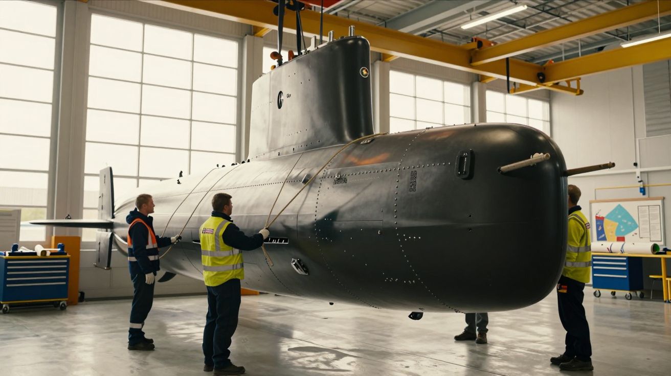 Submarino suspenso em hangar com quatro pessoas em coletes refletores ao redor, examinando a estrutura.