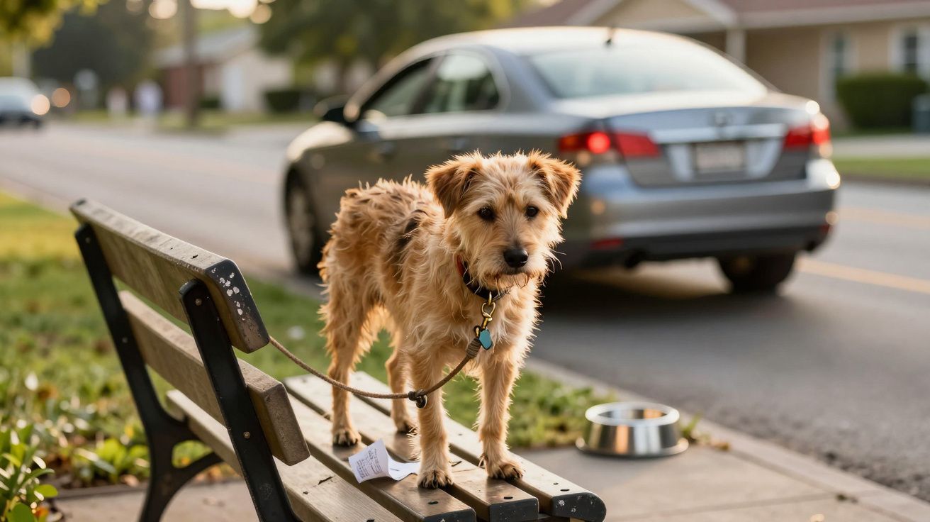 Cão preso a um banco ao lado de uma estrada, com um carro ao fundo e uma tigela de água no chão.