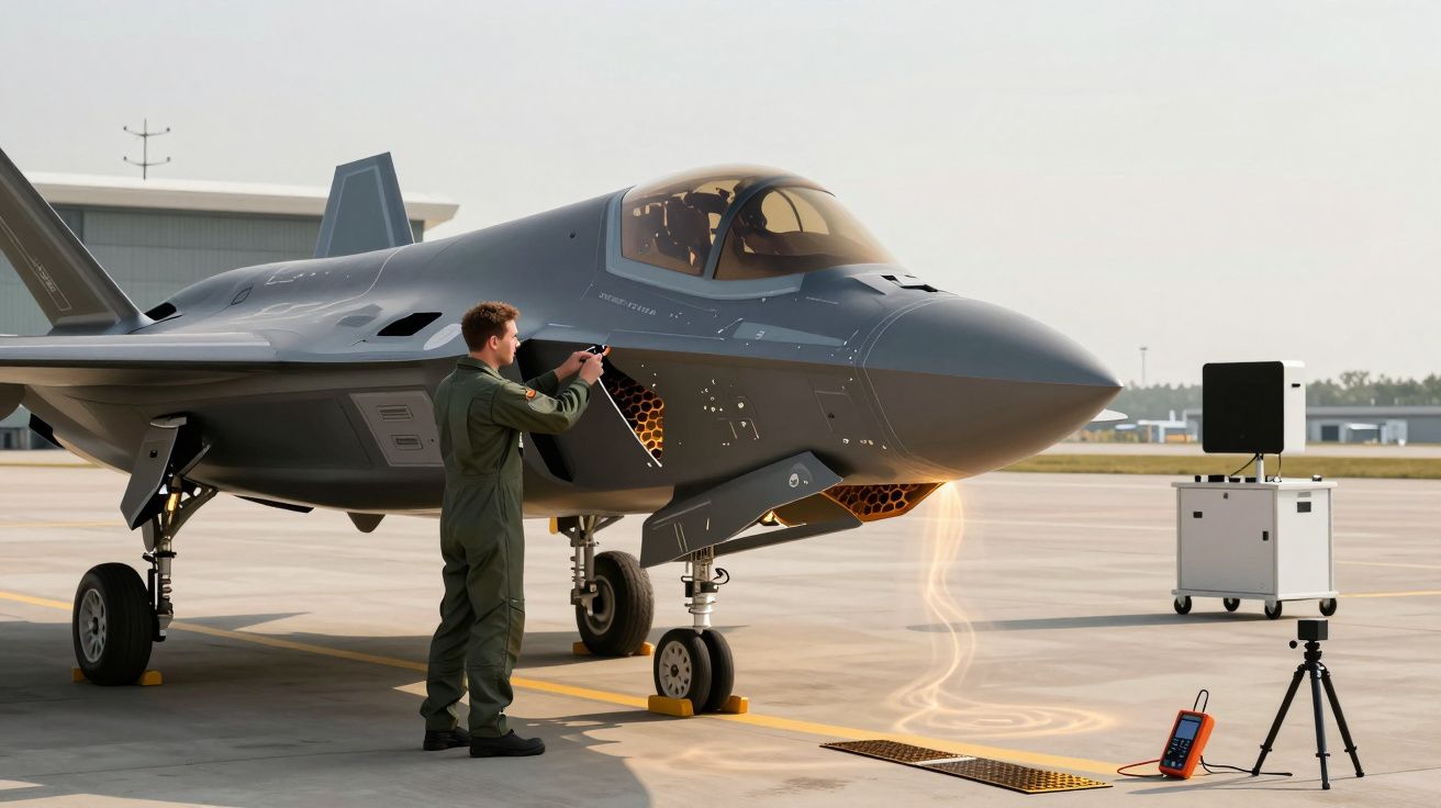Piloto a inspeccionar um jato militar em uma pista, com equipamento de análise próximo.