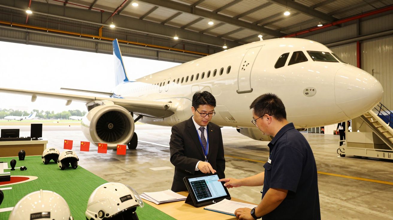 Dois homens discutem em frente a um avião num hangar; um deles verifica um tablet numa mesa com dispositivos.