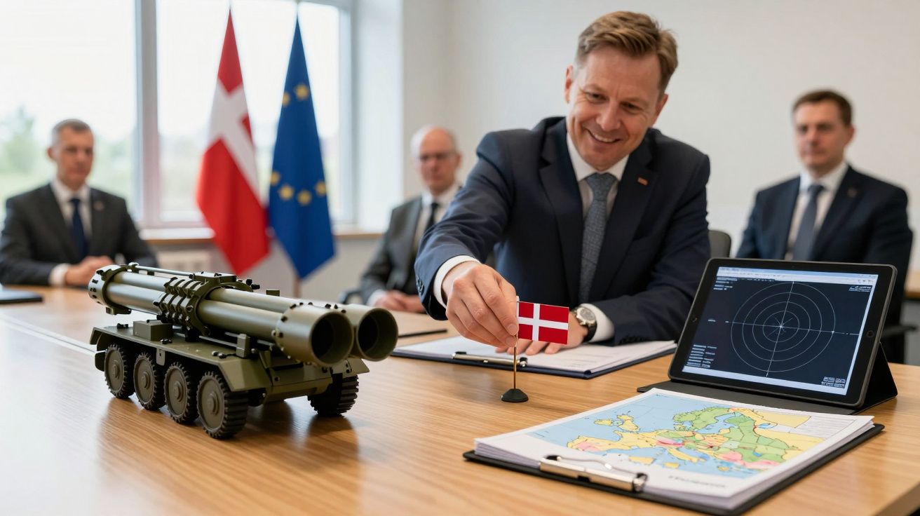 Reunião com homens de terno, maquete de caminhão militar, bandeiras e mapa na mesa.