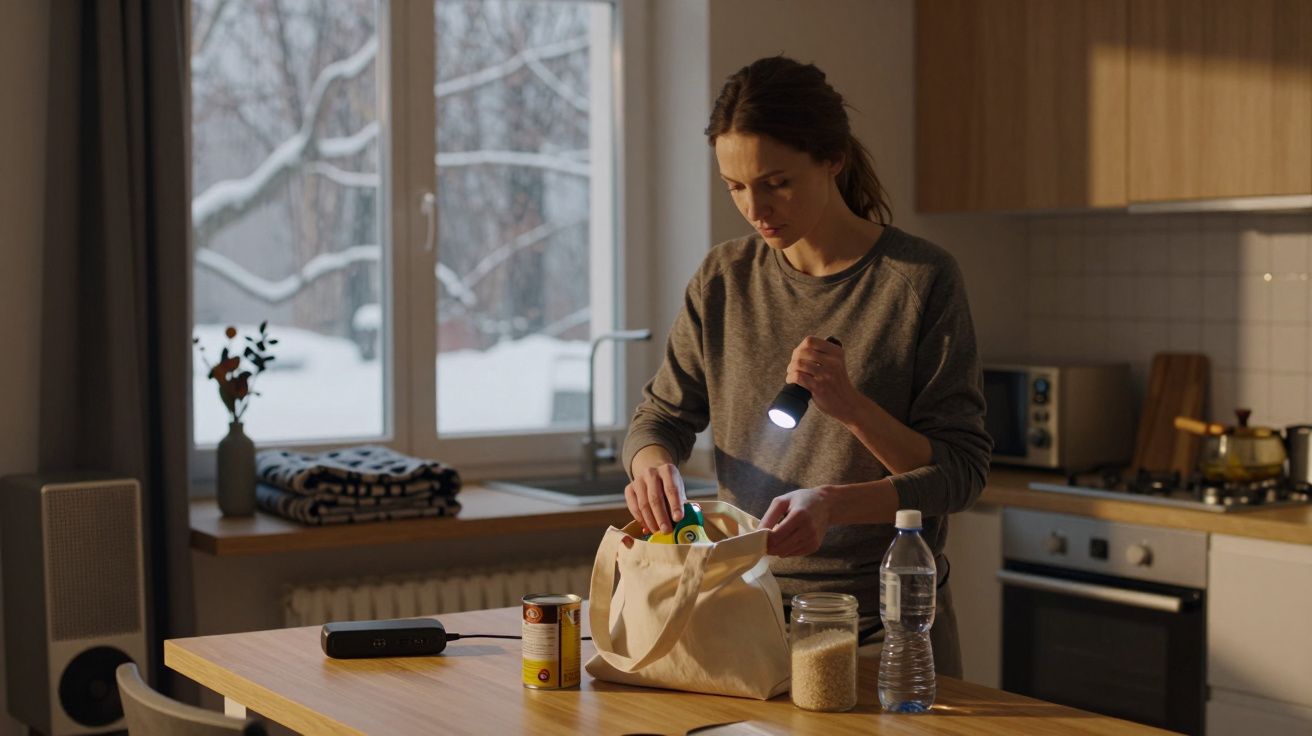 Mulher em cozinha a verificar mantimentos numa bolsa, segurando uma lanterna. Exterior com neve visível pela janela.