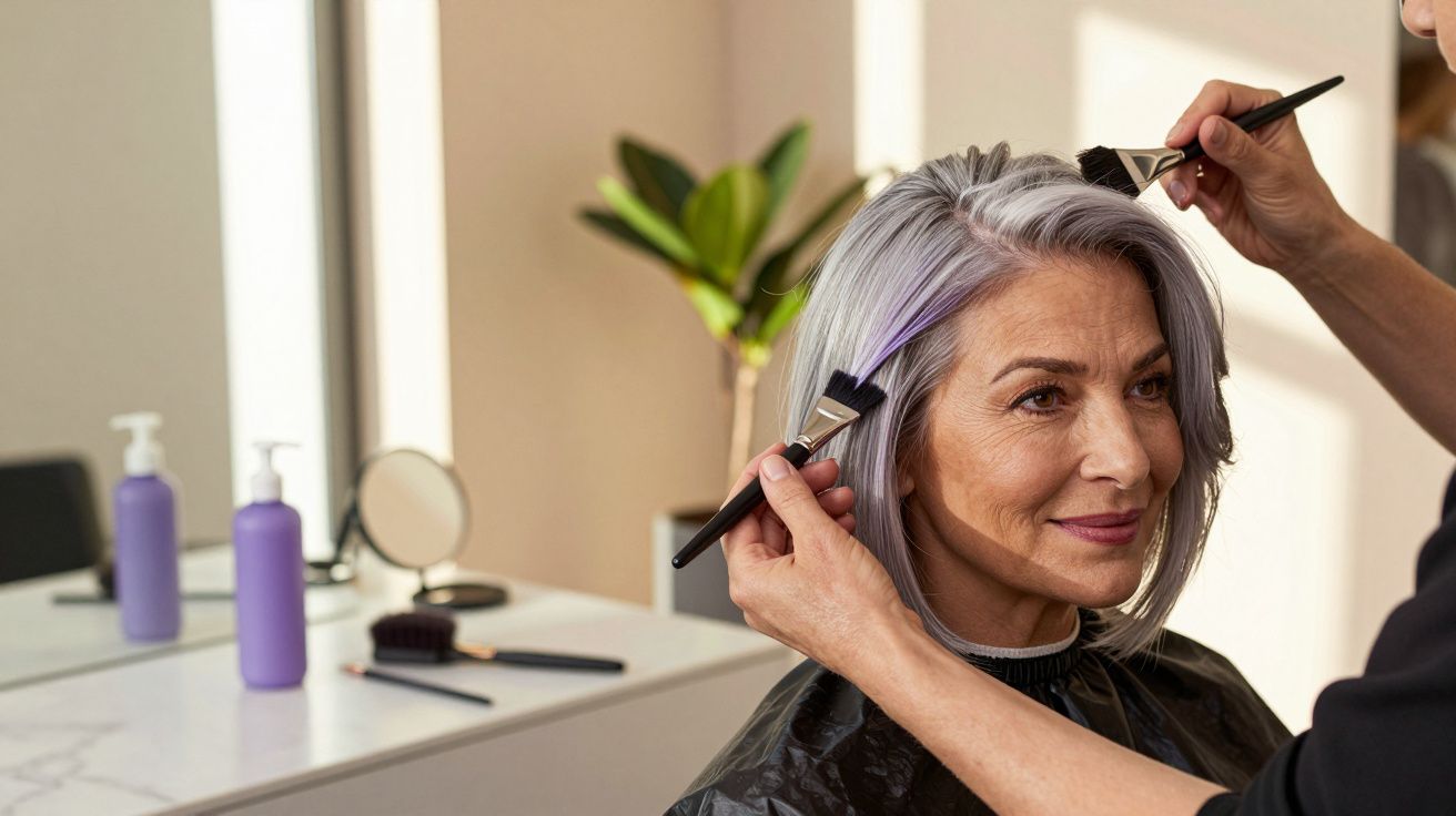 Mulher com cabelo grisalho a ser pintado por cabeleireiro num salão com espelho e produtos de beleza.