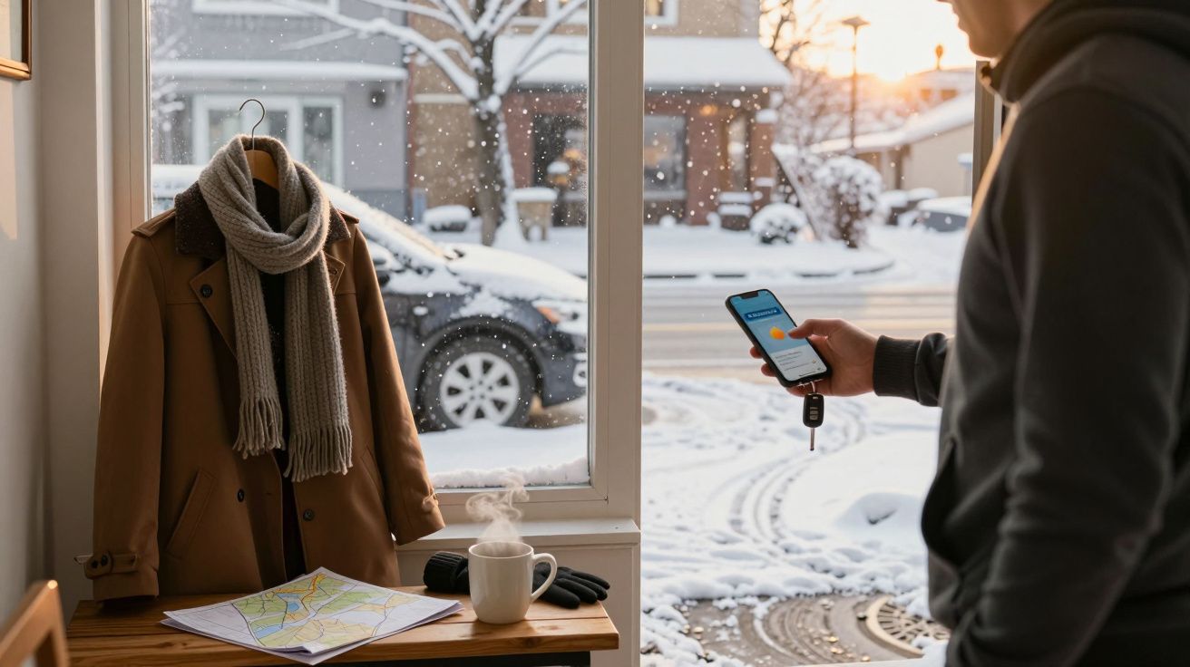 Homem com telemóvel numa sala aquecida, olhando pela janela para a neve. Casaco, cachecol, mapa e chá na mesa.