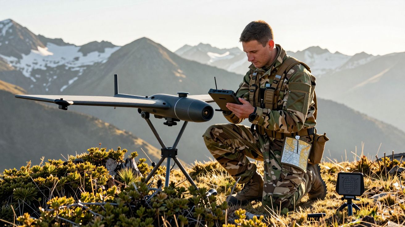 Soldado de camuflagem opera um drone numa montanha com neve ao fundo.