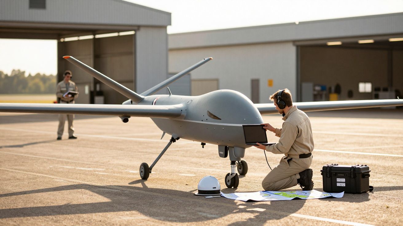 Homem trabalha em drone ao ar livre com laptop; hangar e outra pessoa ao fundo.