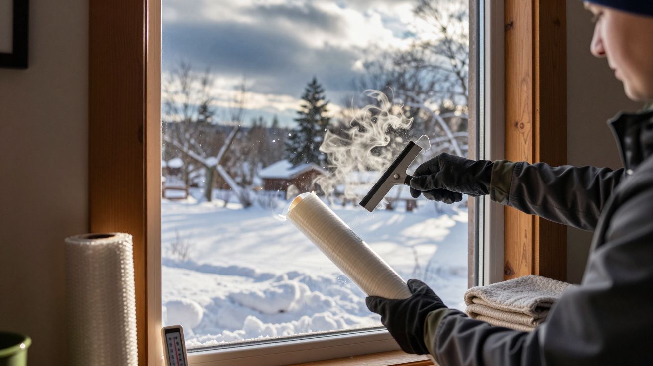 Pessoa aplica película numa janela com vapor, vista de jardim nevado ao fundo.