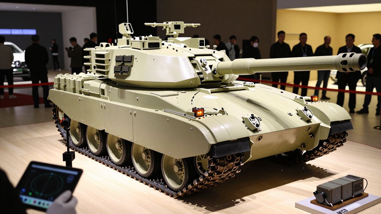 Tanque militar verde em exposição, rodeado por pessoas em fundo desfocado, com dispositivo tecnológico ao lado.