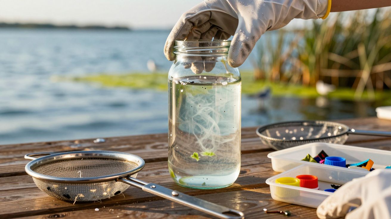 Mão com luva segura jarro de vidro com água do lago, coador de metal ao lado sobre mesa de madeira ao ar livre.