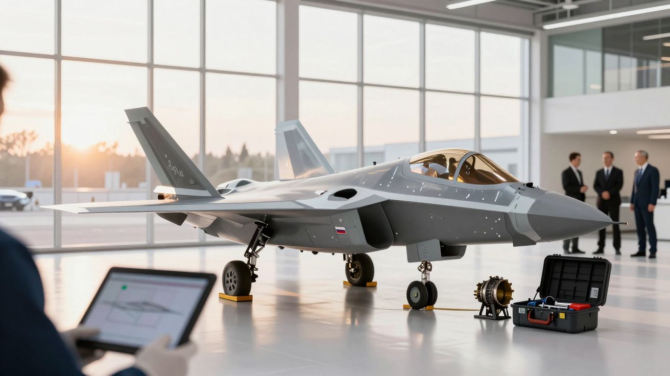 Avião militar moderno em hangar com pessoas ao fundo e técnico usando tablet em primeiro plano.