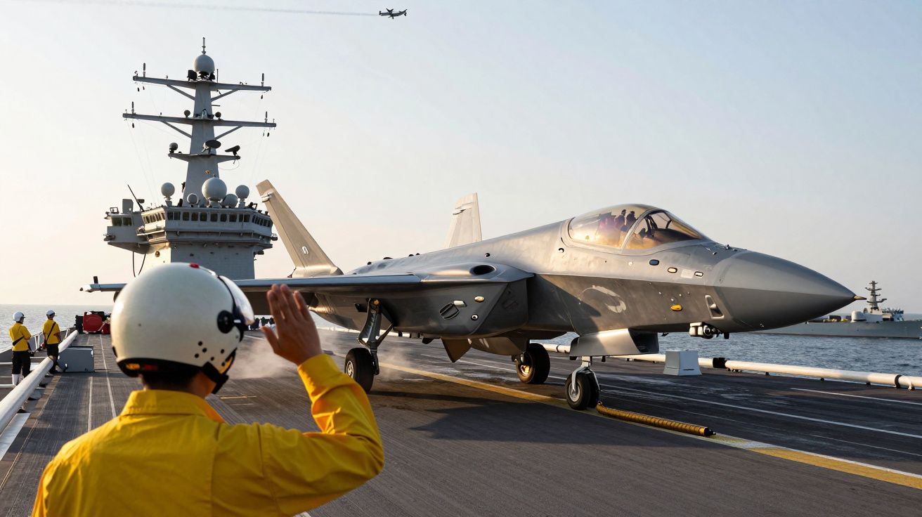 Avião de caça prestes a decolar de um porta-aviões, com um operador terrestre a cumprimentar.