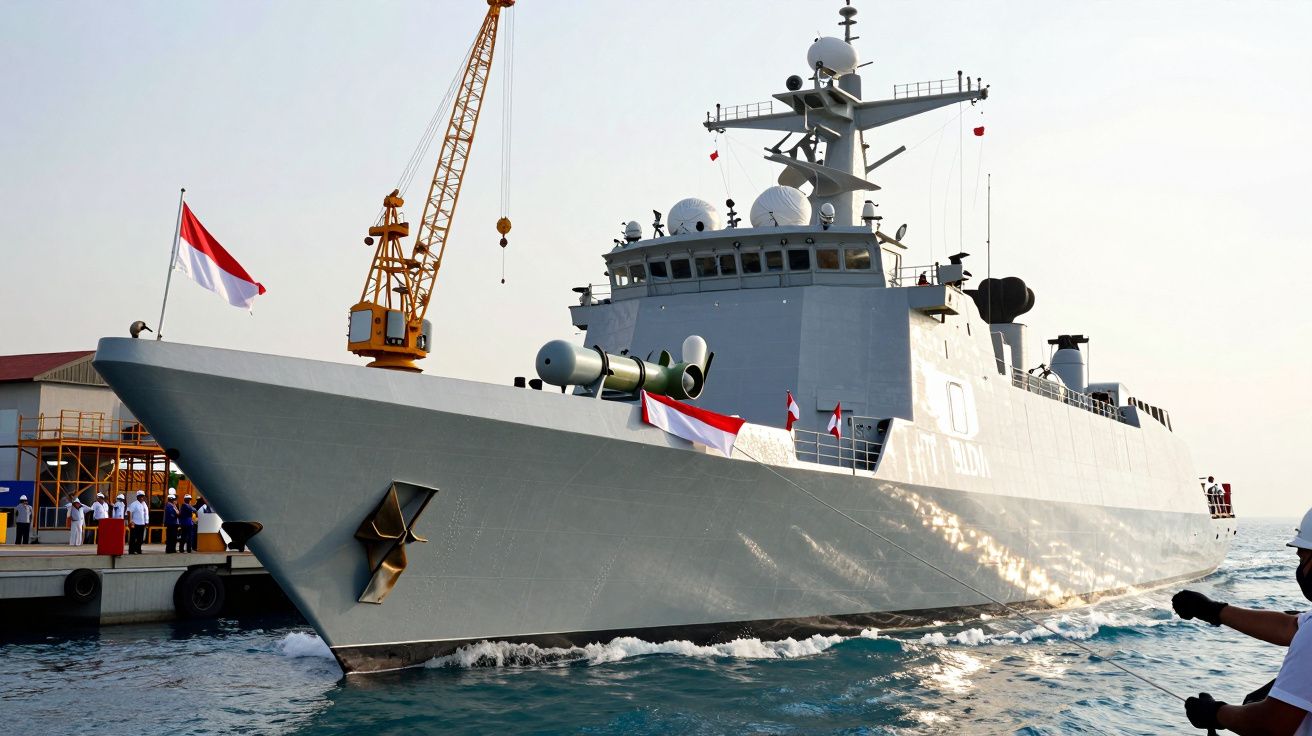 Navio de guerra cinza atracado em porto, com bandeiras vermelhas e brancas e grua amarela ao fundo.