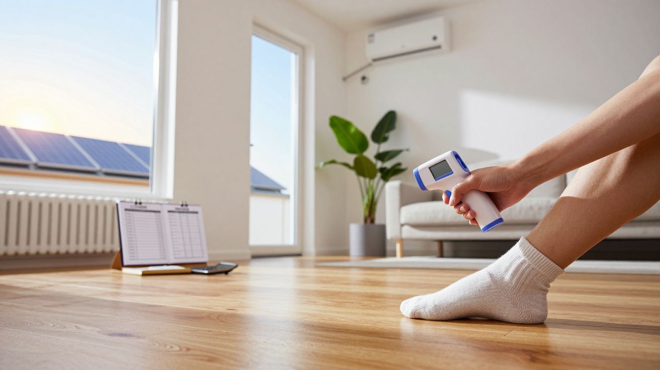 Pessoa mede temperatura do chão com dispositivo digital em sala iluminada por luz solar, com painéis solares na janela.