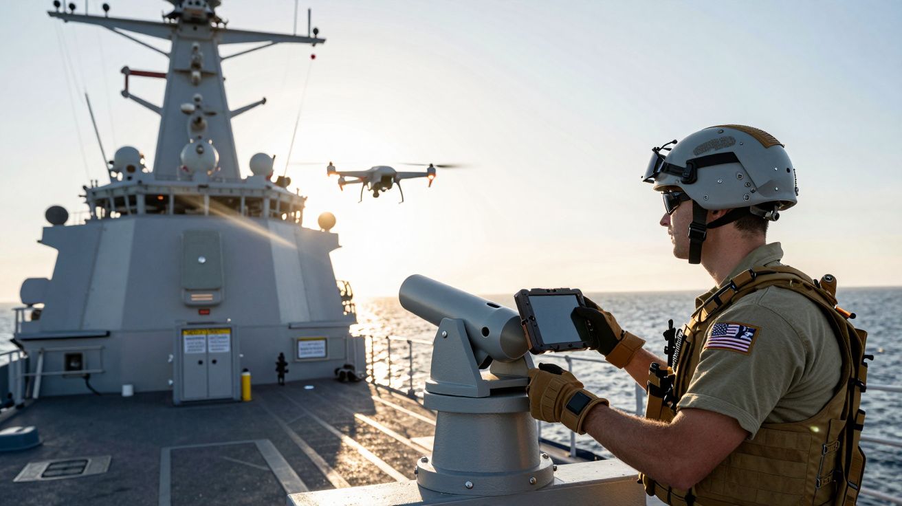 Militar a operar drone num navio no mar ao pôr do sol.