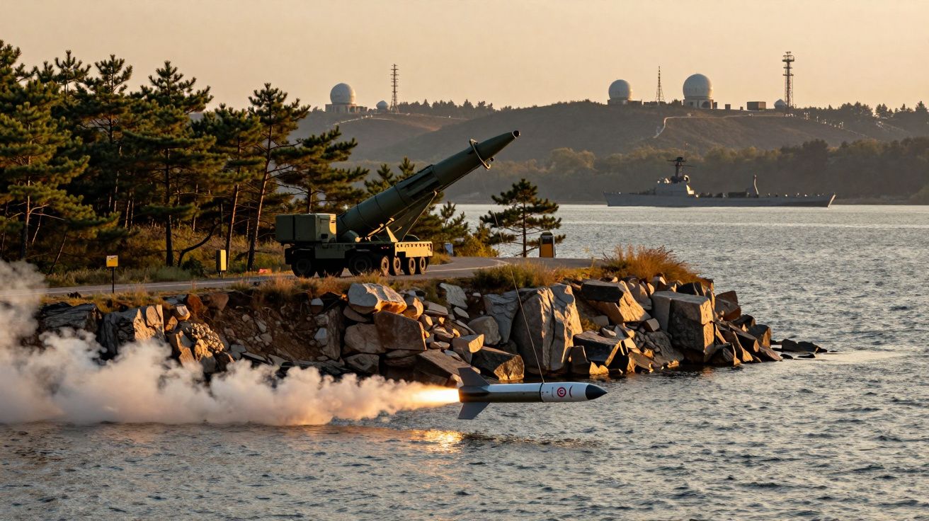 Lançamento de míssil junto a penhasco, com navio ao fundo e antenas no horizonte.