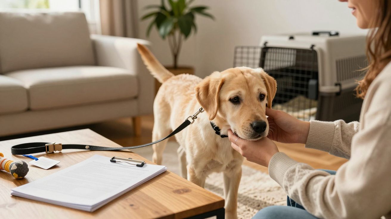 Pessoa acaricia um cão ao lado de uma mesa com documentos, coleira e brinquedo num ambiente interior com transportadora ao fu