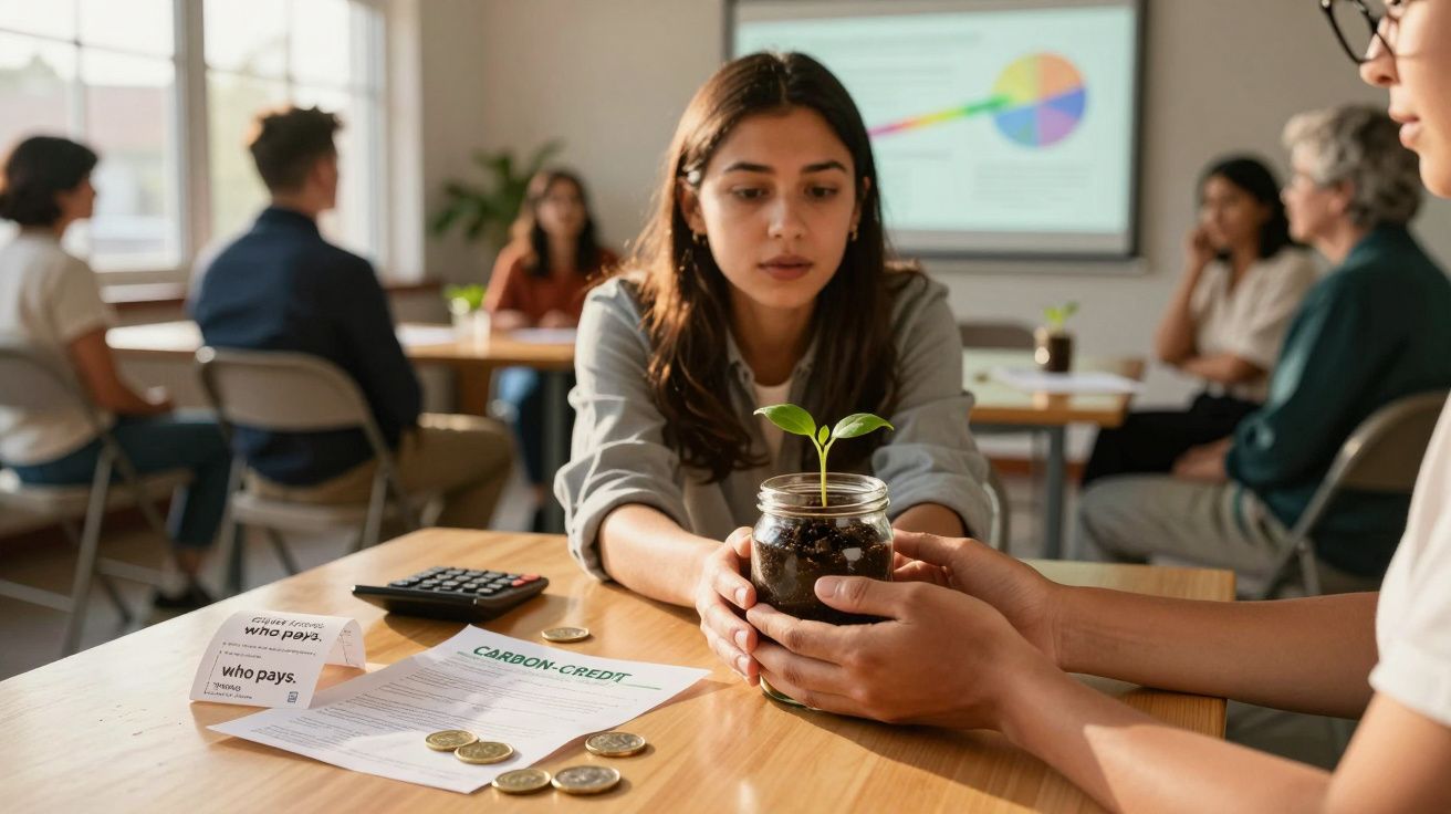 Mulher num escritório a segurar um frasco com uma planta; em segundo plano, pessoas reunidas junto a uma apresentação.