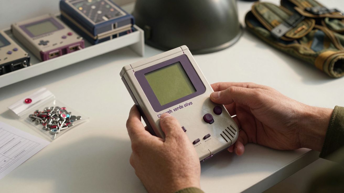 Pessoa segurando um Game Boy clássico branco em cima de uma mesa, com outros dispositivos portáteis ao fundo.