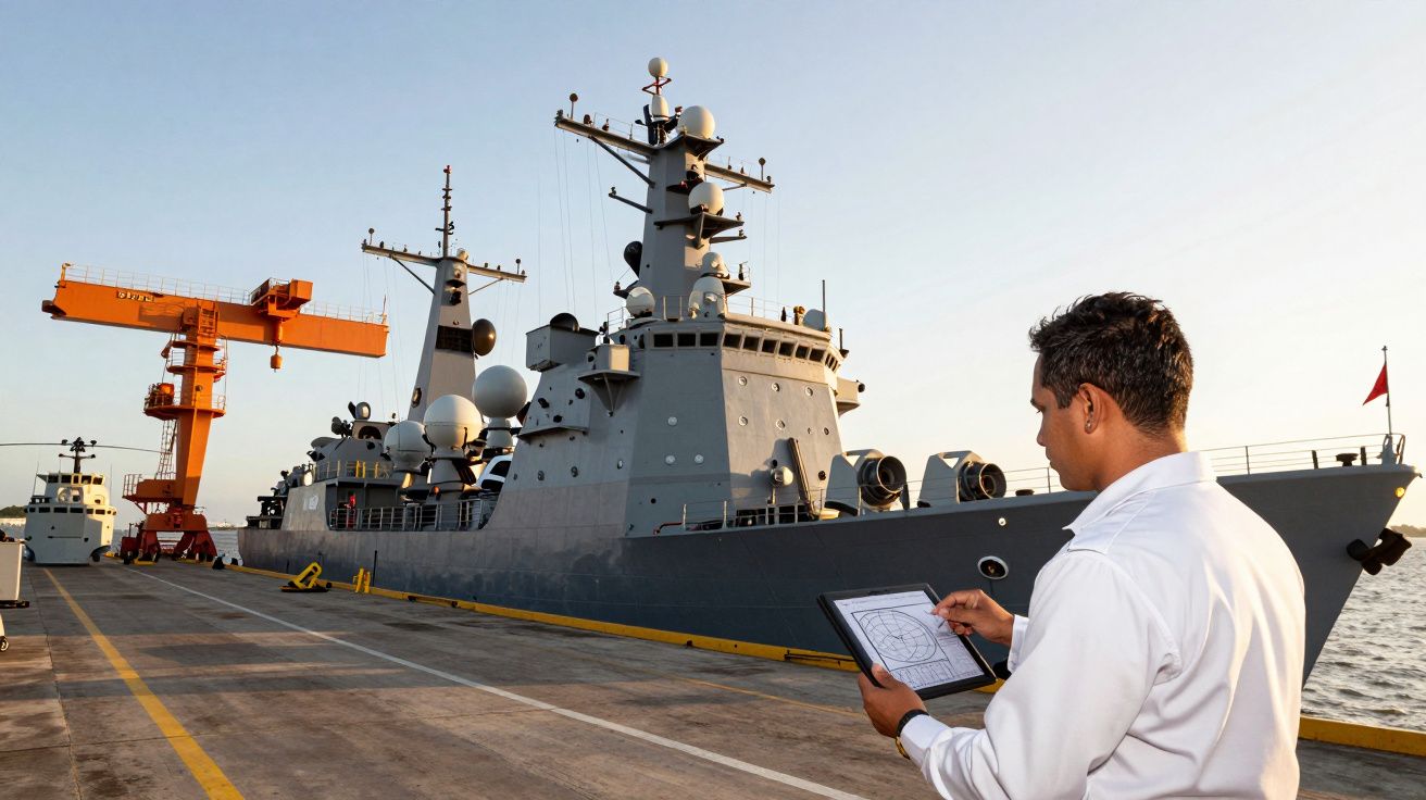 Homem com tablet num cais ao lado de um navio de guerra cinzento, céu limpo ao fundo.