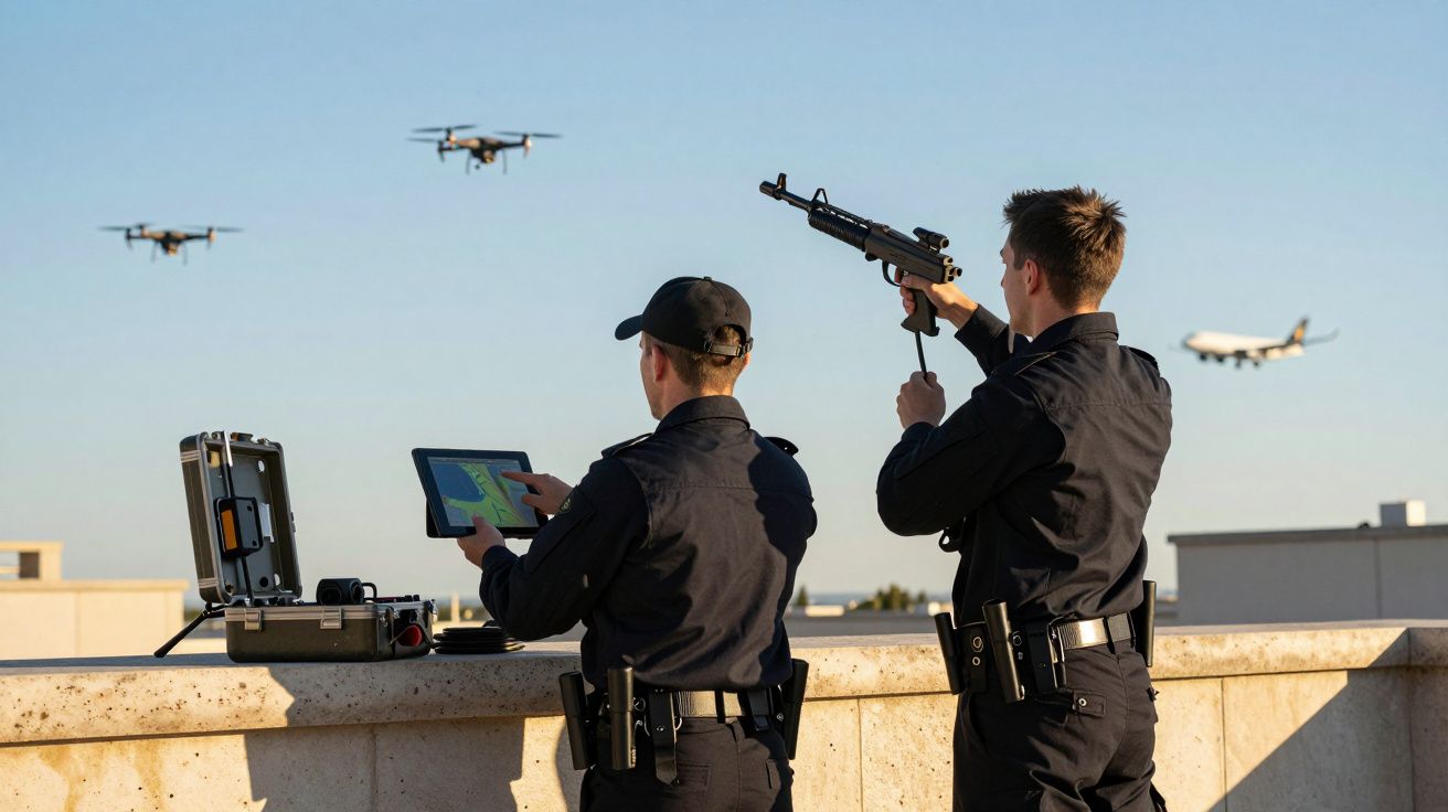 Dois policiais operam tecnologia anti-drone, um com tablet e outro com dispositivo de bloqueio. Aviões ao fundo.